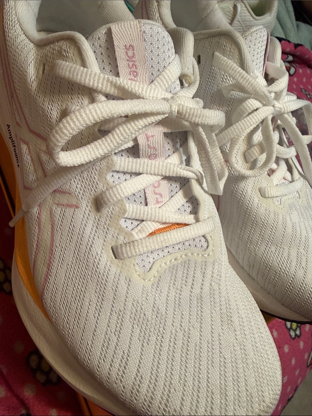 Asics Women’s White Running Sneakers with Pink and Orange Accents